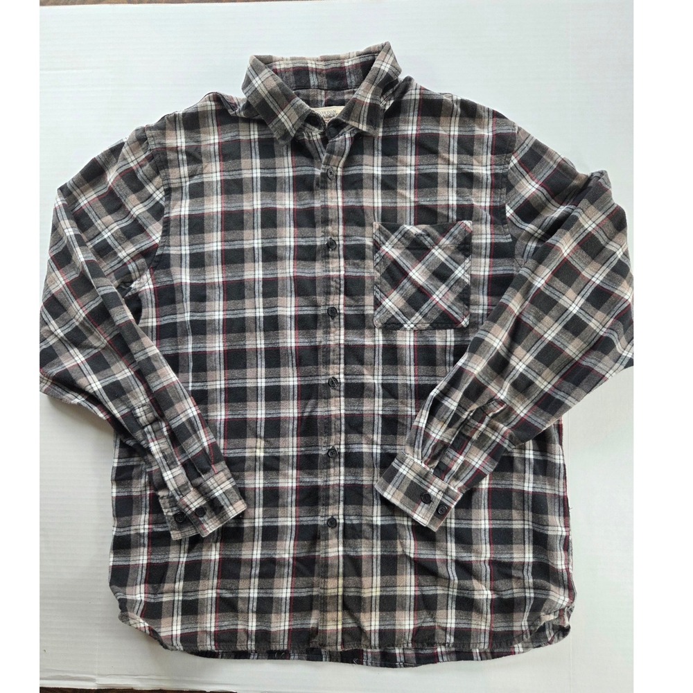 Boston Traders Mens XL Flannel Shirt Black Tan Red Plaid Long Sleeve 100% Cotton